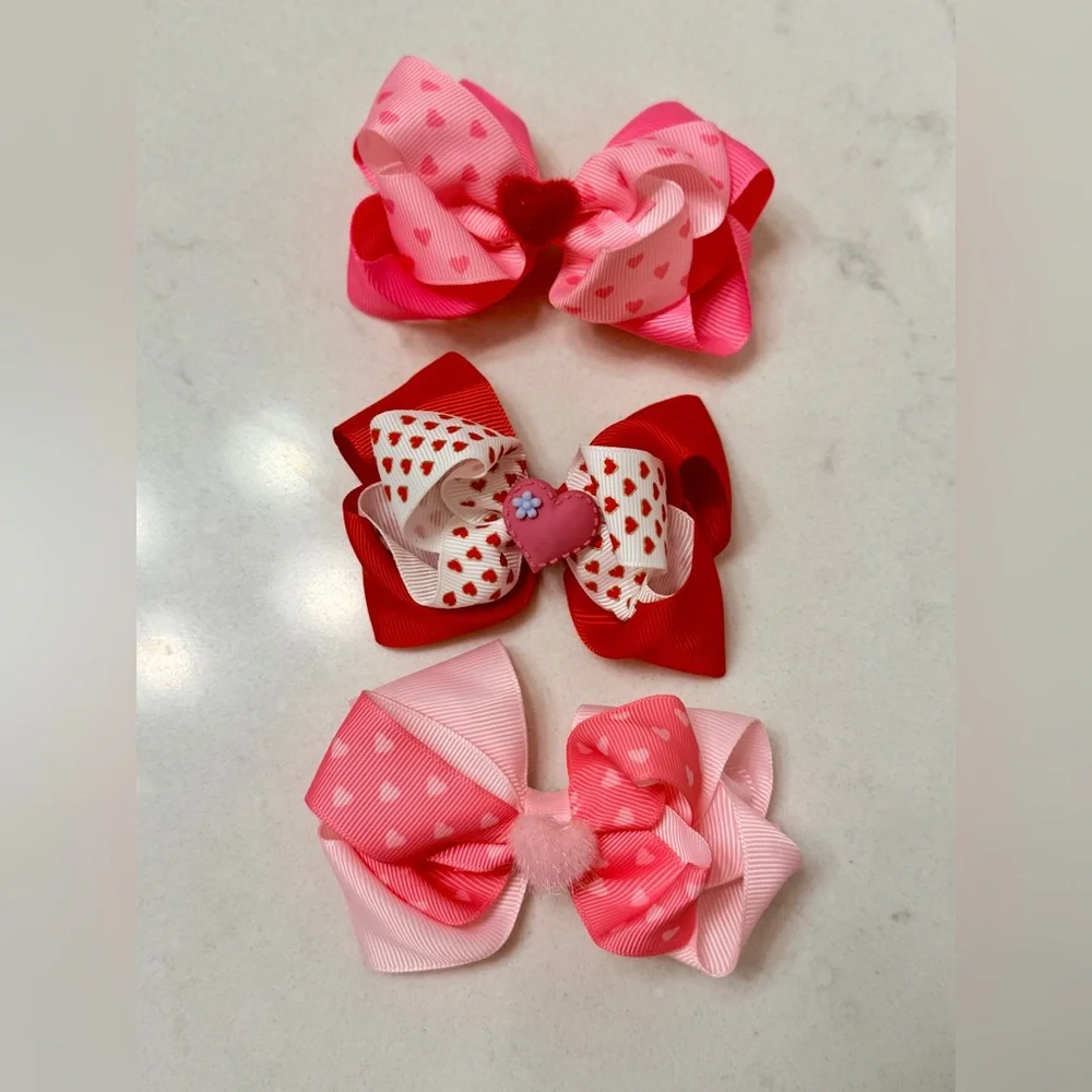 Pink & Red Heart Hair Bows Valentine's Day Hair Bow Set - All 3 Included NWOT